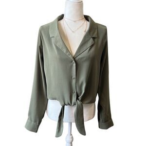 Charlotte Russ Olive Green Button Up tie front Blouse size Medium